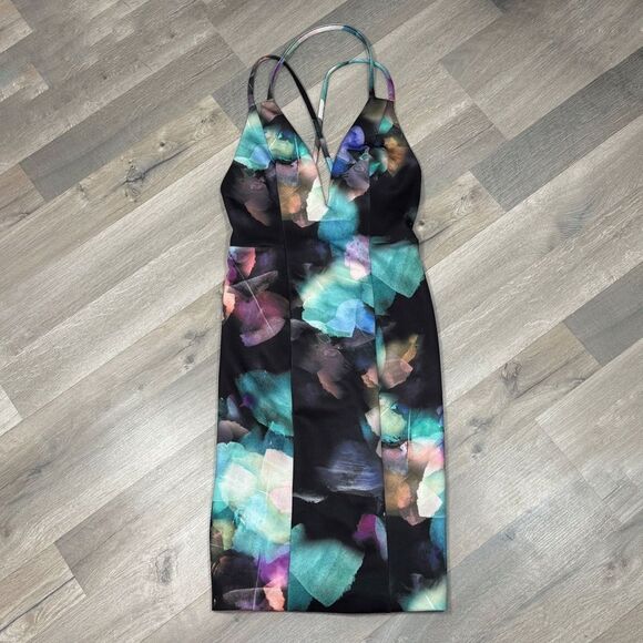 Bebe Watercolor Plunge Neck Open Back Bodycon Y2K Club Dress Black Teal XS - Picture 13 of 13